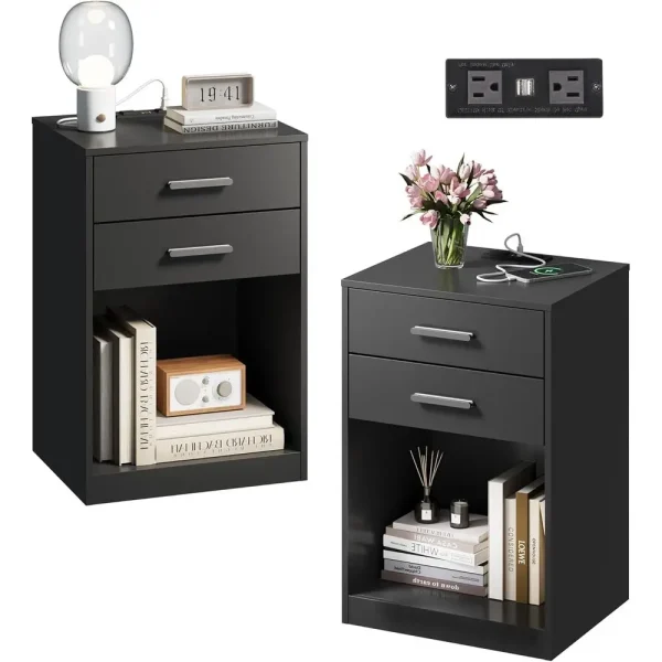 2 Wooden Nightstand with Charging Station Black