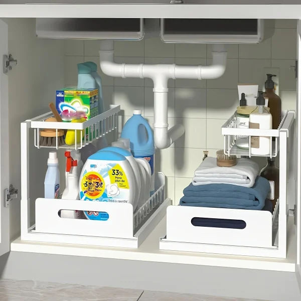 [Sliding Pull-out Cabinet Rack] 1/2pcs Sliding Pull-out Metal Cabinet Sorting Rack | Lower Sink Kitchen Storage, For Kitchen Bat